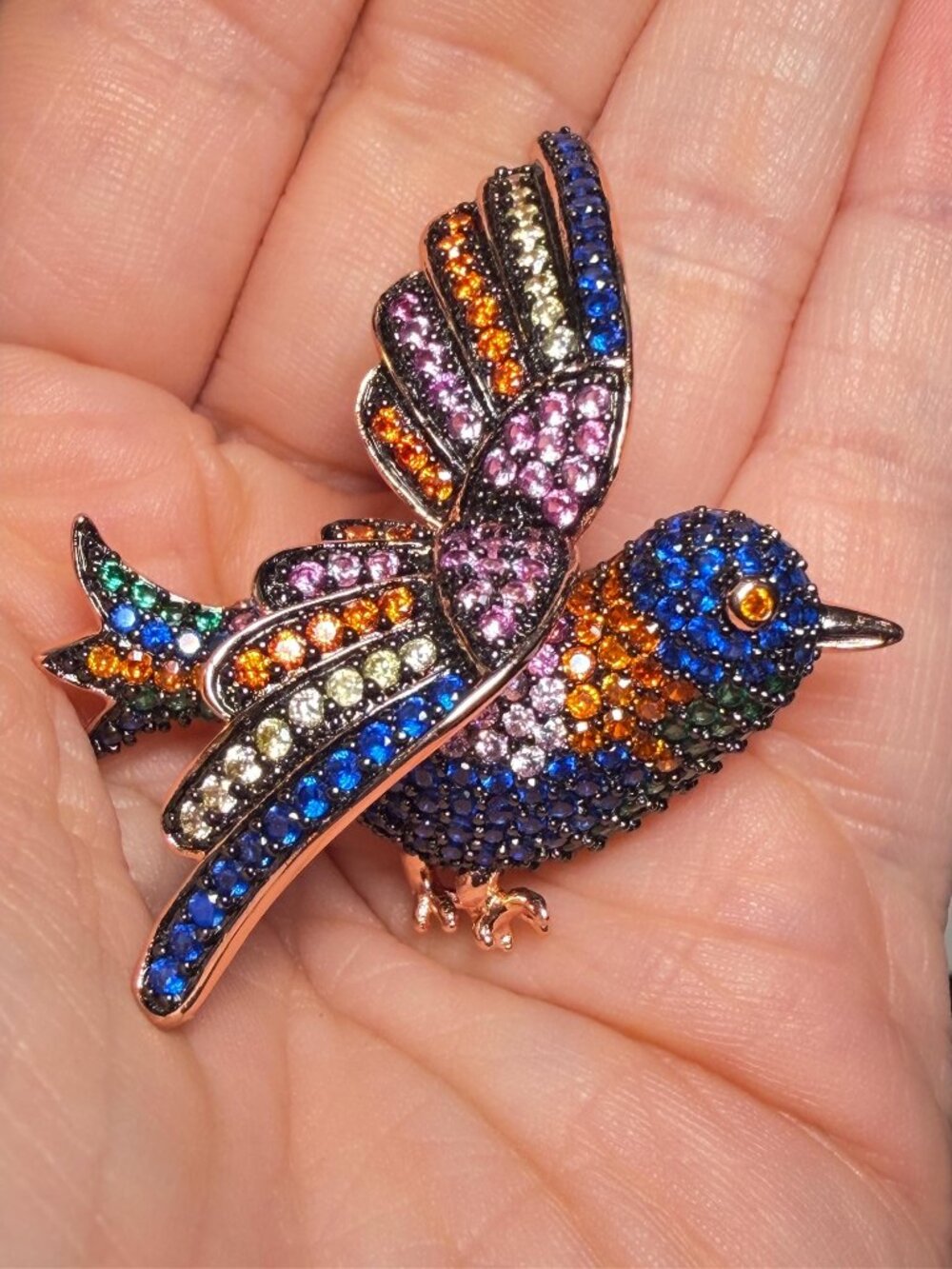Bird Brooch Colorful Rhinestone Multi Tone Convertible Pendant